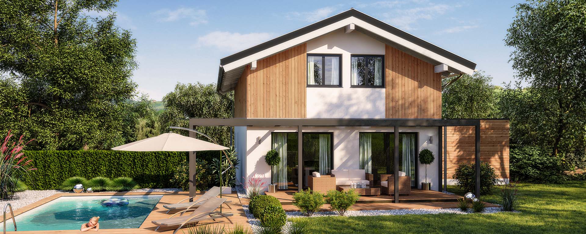 Modernes Fertighaus mit Pool im Wohnprojekt Sachsenburg, umgeben von &uuml;ppigem Gr&uuml;n und sonniger Terrasse, ideal f&uuml;r entspannte Lebensweise.